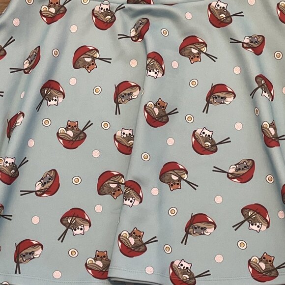 Hot Topic Ramen Kitty Cat Skater Skirt SZ Medium Mini Blue Stretch - Picture 2 of 9